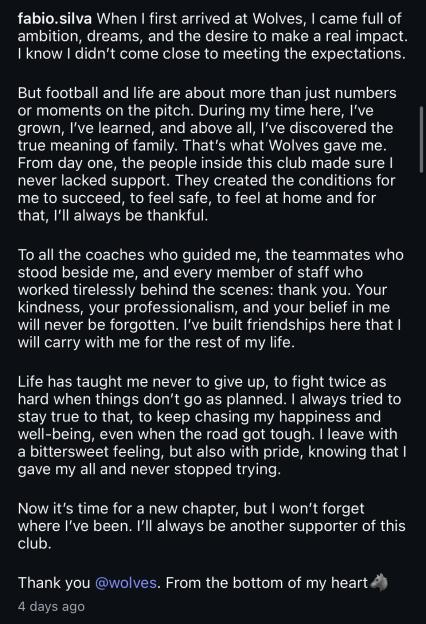 Screenshot of Fabio Silva's farewell letter to Wolves fans.