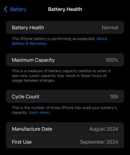 iPhone battery health report: 100% maximum capacity, 189 cycle count.