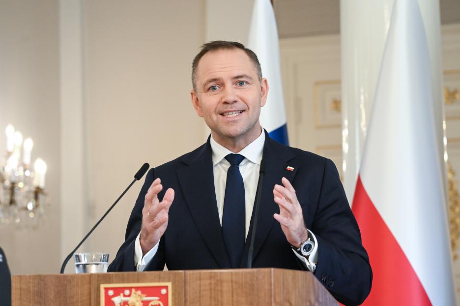 President of Poland Karol Nawrocki speaking at a press conference.