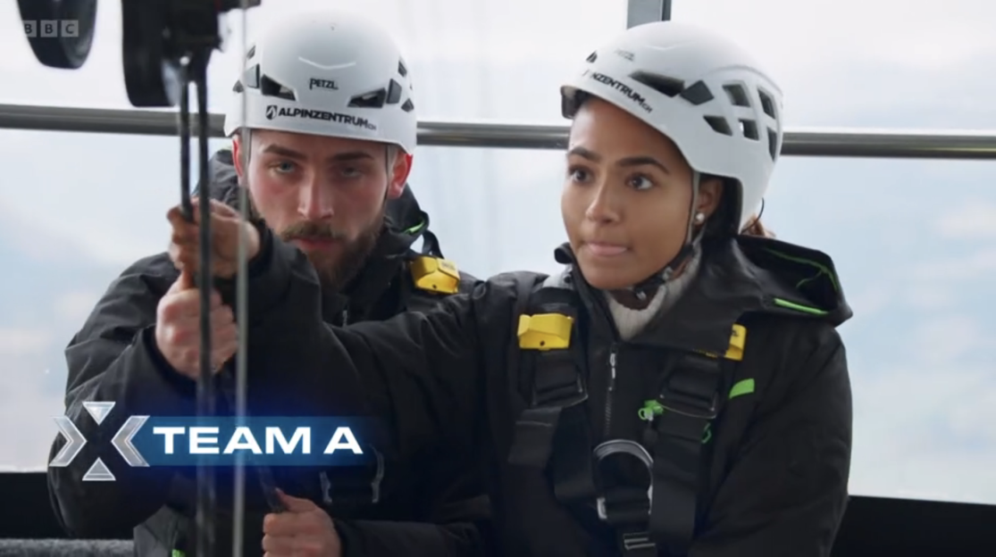 Screenshot of Team A working with ropes and harnesses.