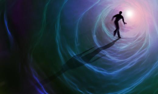 Illustration of a person walking toward a light at the end of a tunnel, representing a near-death experience.