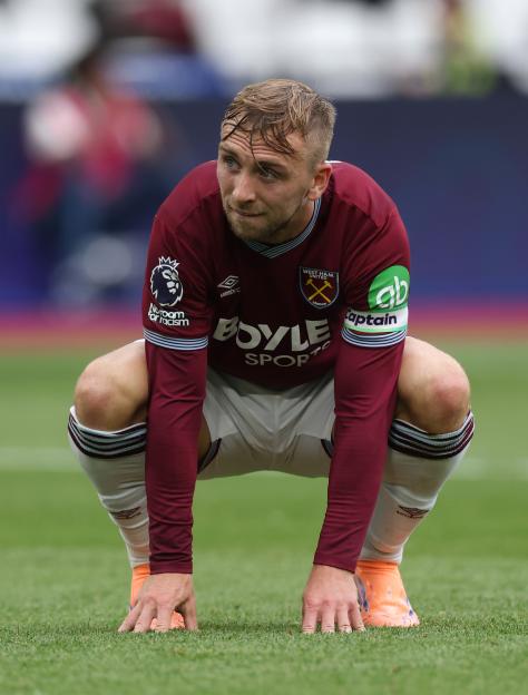 Jarrod Bowen of West Ham United reacting during a Premier League match.