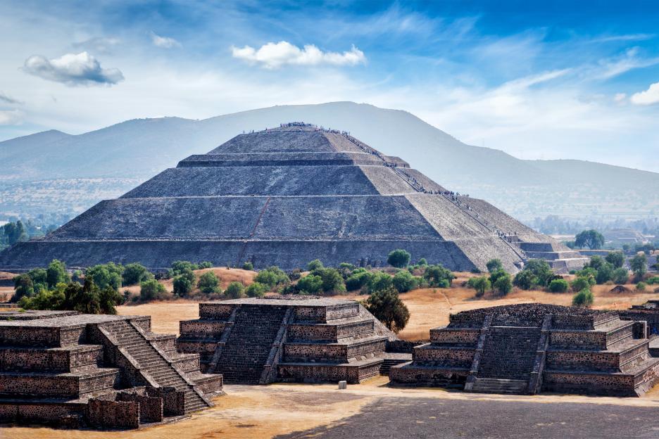 Panorama of the Pyramid of the Sun in Teotihuacan, Mexico, viewed from the Pyramid of the Moon.