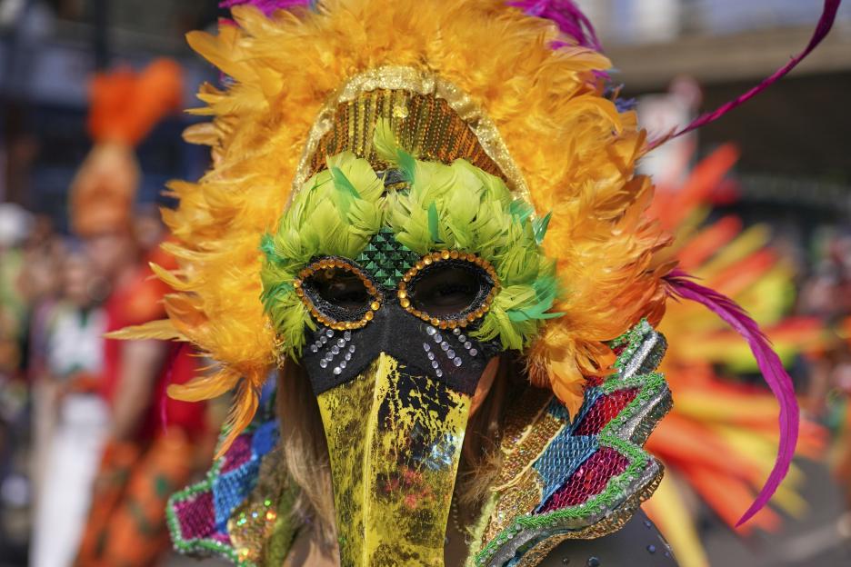 Reveller in elaborate costume at Notting Hill Carnival.