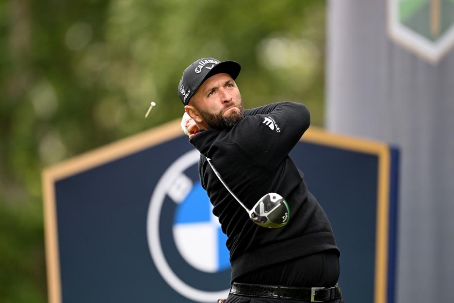 Jon Rahm of Spain tees off on the 17th hole at Wentworth Golf Club.