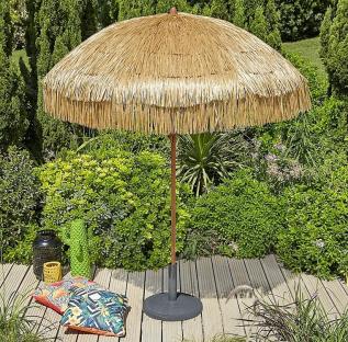 Tiki beach parasol on a patio.
