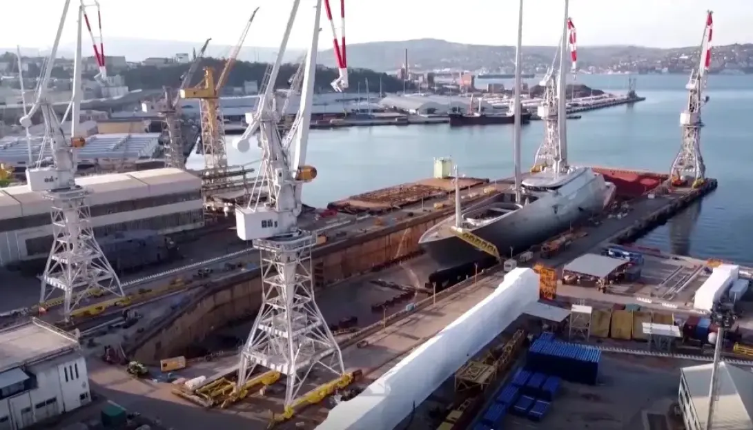 An aerial view of a shipyard with a yacht in a dry dock, surrounded by cranes and buildings.