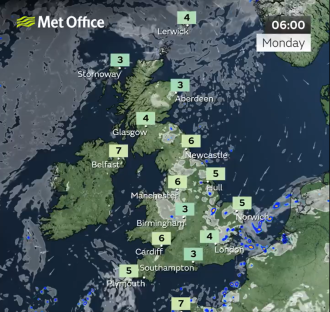 UK weather forecast map showing temperatures.