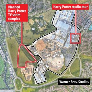Aerial map showing planned Harry Potter TV series complex near Warner Bros. Studios and Harry Potter Studio Tour.
