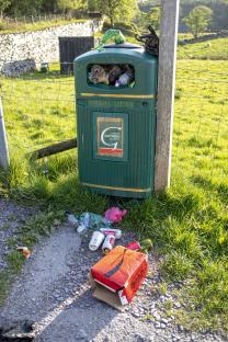 Litter overflowing from a green bin at a World Heritage site.