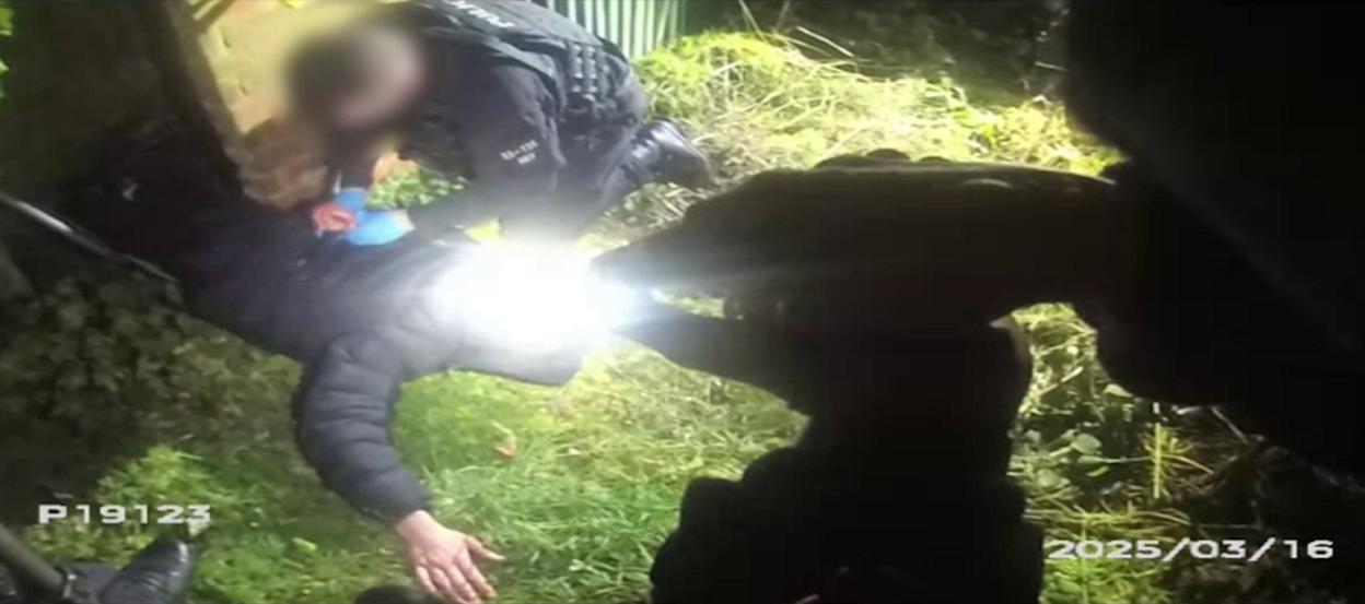 Dramatic moment man who murdered his love rival is found hiding inside a shed