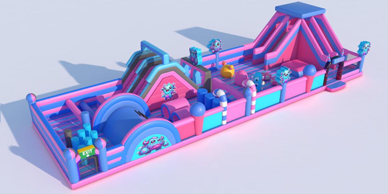 Illustration of a pink and blue inflatable obstacle course.