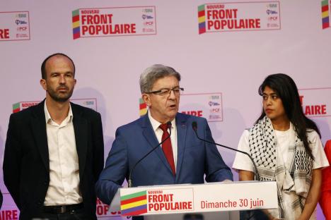 Jean-Luc MÃ©lenchon, flanked by Manuel Bompard and Rima Hassan, addresses the New Popular Front.