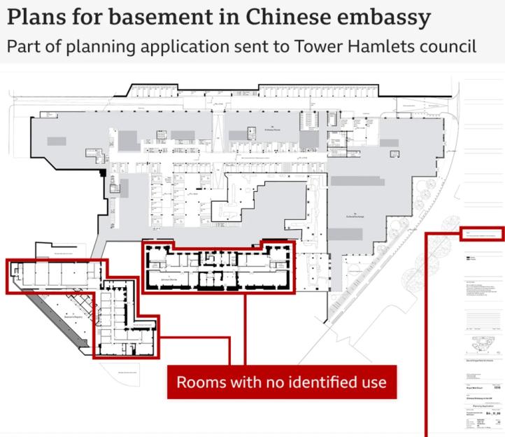 Diagram of the planned basement in the Chinese embassy in London, highlighting rooms with unidentified uses.