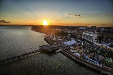 Aerial view of Southend-on-Sea at sunset.