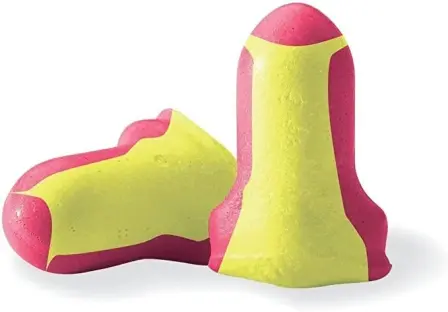 Pair of pink and yellow earplugs.
