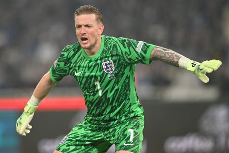 Jordan Pickford of England during a soccer match.