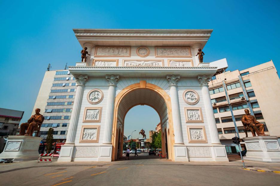 Triumphal arch in Skopje, North Macedonia.