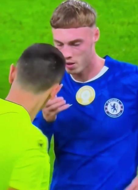 Soccer player Cole Palmer, wearing a blue Chelsea jersey, speaks with another player.