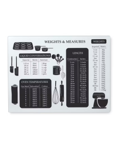 Baking conversion chart with weights, measurements, and oven temperatures.