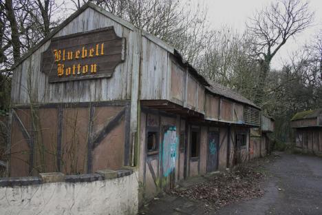 Graffiti-covered abandoned building at Camelot Theme Park.