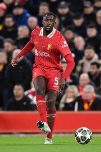 Ibrahima Konate of Liverpool FC playing soccer.