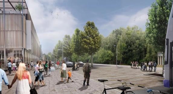 Illustration of Camberley's transformed town center, showing pedestrians, shops, and greenery.