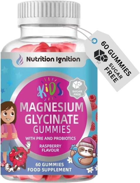 Bottle of Nutrition Ignition Kids Magnesium Glycinate Gummies with pre and probiotics. 60 sugar-free gummies. Raspberry flavor.