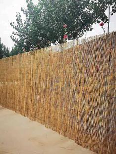 Reed fence in front of trees and flowers.