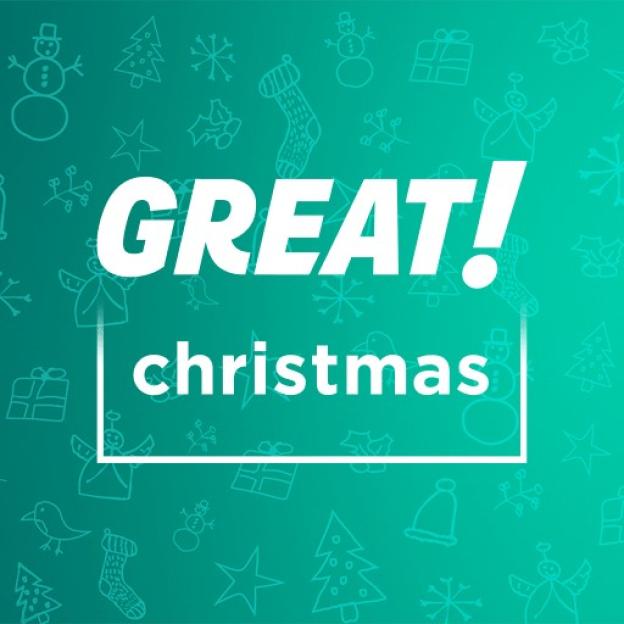 Illustration of a teal Christmas greeting that says "GREAT! Christmas".