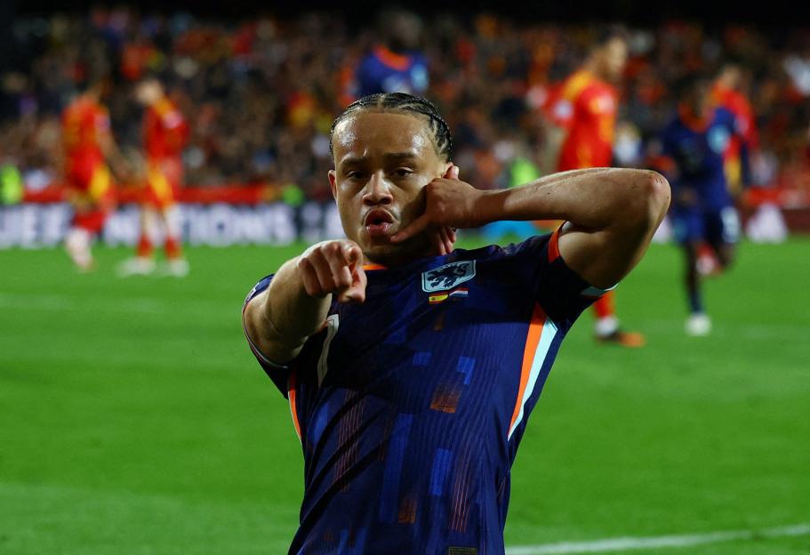 Xavi Simons of the Netherlands celebrates a goal.