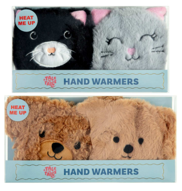 Two boxes of "A Tale of Tails Hand Warmers" with animal designs, one with black and grey cats and the other with two brown bears.