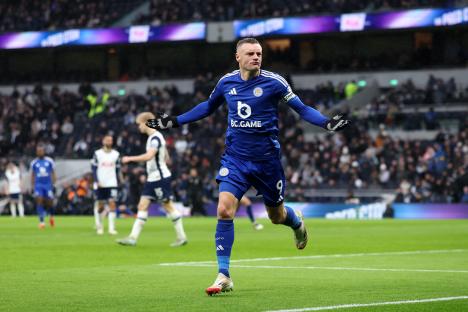 Jamie Vardy of Leicester City celebrating a goal.