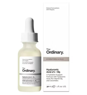 The Ordinary Hyaluronic Acid 2% + B5 Hydrating Serum bottle and box.