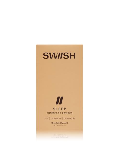 A beige box of SWIISH Sleep Superfood Powder, containing 10 sachets.