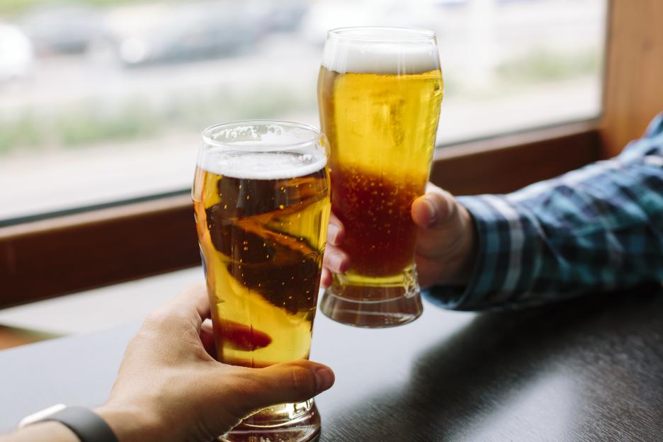 Two men holding up pint glasses filled with beer, making a toast.