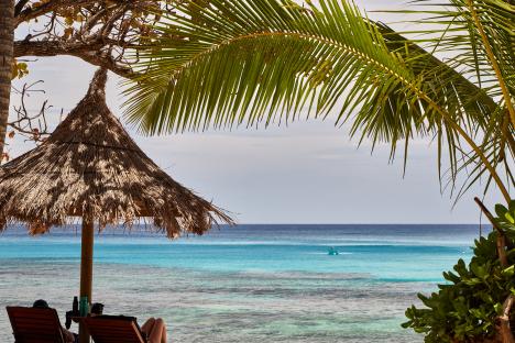 Beachfront chill out on loungers in the shade at Octopus Resort in the southern Yasawa Islands, a chain of volcanic islands located northwest of the Fiji mainland