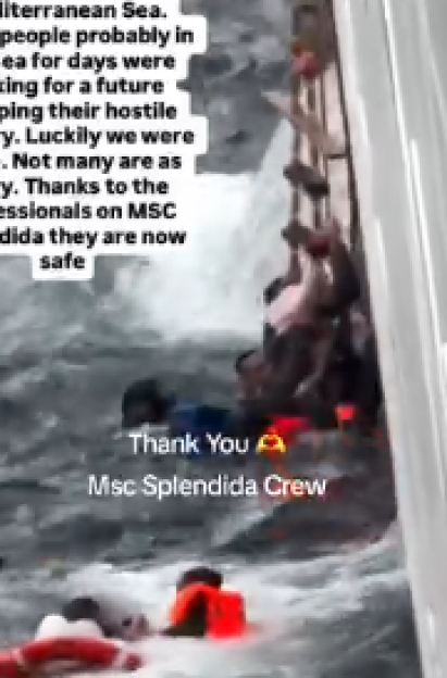 People being rescued from the water near a ship.