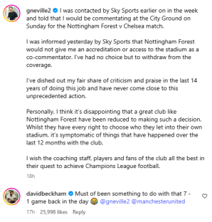 Screenshot of a Twitter thread showing Gary Neville's statement about being denied access to Nottingham Forest's stadium and David Beckham's reply.
