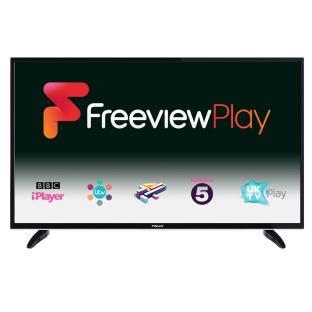 ElectriQ 49-inch 4K Ultra HD LED TV displaying Freeview Play and various streaming services.
