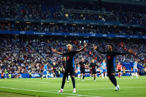Lamine Yamal of FC Barcelona celebrates a goal.