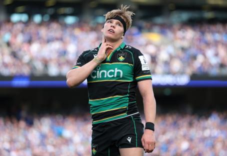 DUBLIN, IRELAND - MAY 03: Henry Pollock of Northampton Saints celebrates scoring his team's second try during the Investec Champions Cup semi-final match between Leinster Rugby and Northampton Saints at Aviva Stadium on May 03, 2025 in Dublin, Ireland. (Photo by David Rogers/Getty Images)