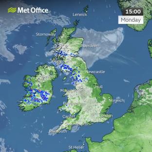 UK weather map showing rain across the country at 3 PM Monday.
