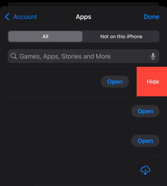 iPhone screen showing app management options, including search, filtering, and the ability to hide apps.