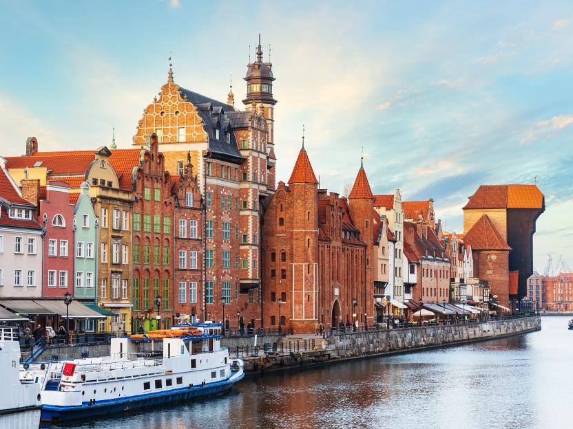 The shore of the Motlawa River in Gdansk Old Town with historical houses, Poland.