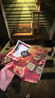 Person holding a pizza box on a porch.