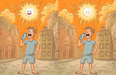 Illustration of a spot-the-difference puzzle: two nearly identical images of a man drinking water on a hot day.