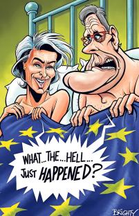 Illustration of Theresa May and Boris Johnson in bed under a European Union flag, with the caption