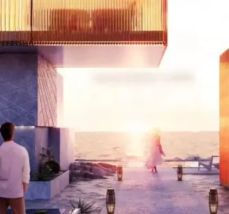 Illustration of a modern beachfront structure with people relaxing at sunset.
