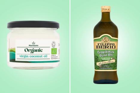 Jar of organic virgin coconut oil and bottle of Filippo Berio extra virgin olive oil.